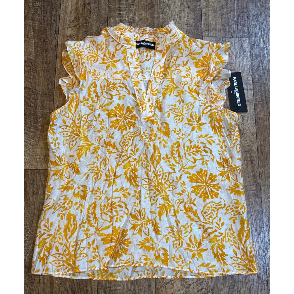 Karl Lagerfeld Paris Yellow White Floral Flutter Sleeve Blouse Top Small NWT